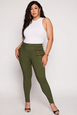 Womens Plus Size Stretch Zipper Detail High Waist Pants, Green, Size 2X