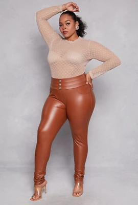 Womens Plus Size Faux Leather High Waisted Pull On Pants, Brown, Size 1X