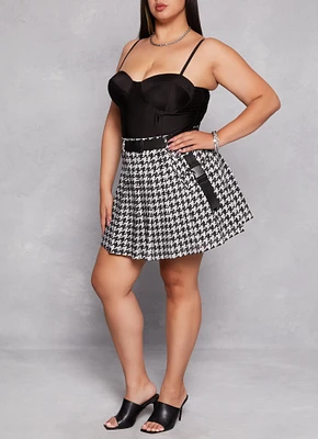 Womens Plus Size Houndstooth Belted Pleated Skirt, Multi, Size 3X