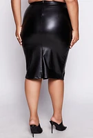 Womens Plus Size Faux Leather High Waist Side Slit Skirt, Black, Size 1X