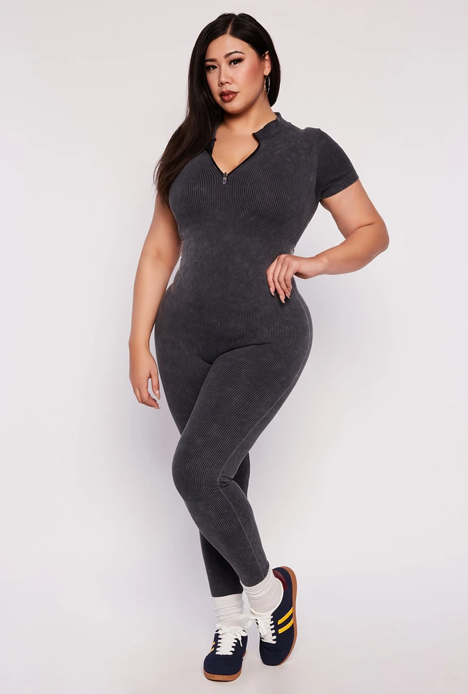 Womens Plus Ribbed Knit Zip Neck Catsuit,