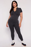 Womens Plus Ribbed Knit Zip Neck Catsuit,