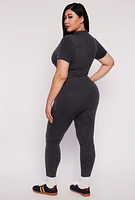 Womens Plus Ribbed Knit Zip Neck Catsuit,
