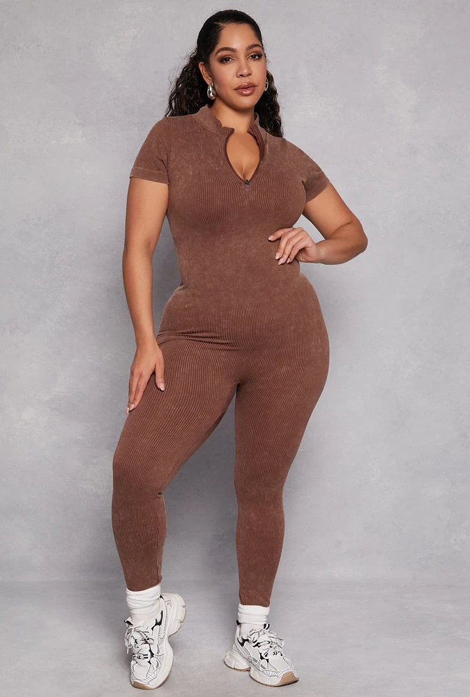 Womens Plus Ribbed Knit Zip Neck Catsuit,