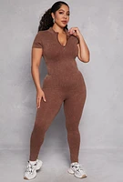 Womens Plus Ribbed Knit Zip Neck Catsuit,