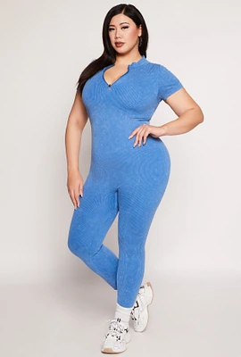Womens Plus Ribbed Knit Zip Neck Catsuit, 3X