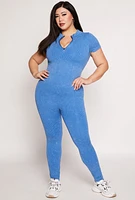 Womens Plus Ribbed Knit Zip Neck Catsuit, 3X