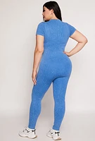 Womens Plus Ribbed Knit Zip Neck Catsuit, 3X
