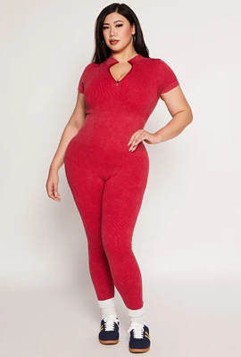 Womens Plus Size Ribbed Knit Zip Neck Catsuit, Red, Size 1X