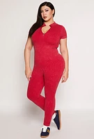 Womens Plus Size Ribbed Knit Zip Neck Catsuit, Red, Size 1X