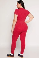 Womens Plus Size Ribbed Knit Zip Neck Catsuit, Red, Size 1X