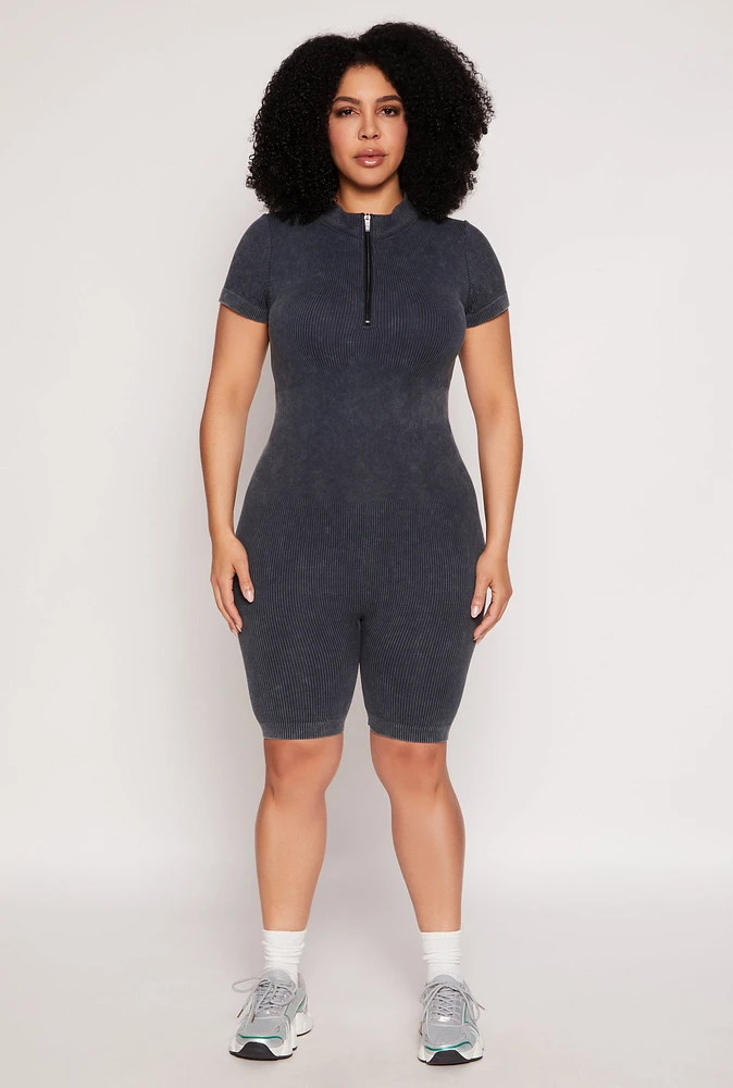Womens Plus Size Acid Wash Biker Romper, Grey, Size 3X