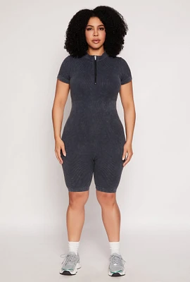 Womens Plus Size Acid Wash Biker Romper, Grey, Size 3X