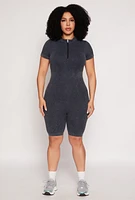 Womens Plus Size Acid Wash Biker Romper, Grey, Size 3X