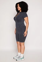 Womens Plus Size Acid Wash Biker Romper, Grey, Size 3X