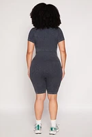 Womens Plus Size Acid Wash Biker Romper, Grey, Size 3X