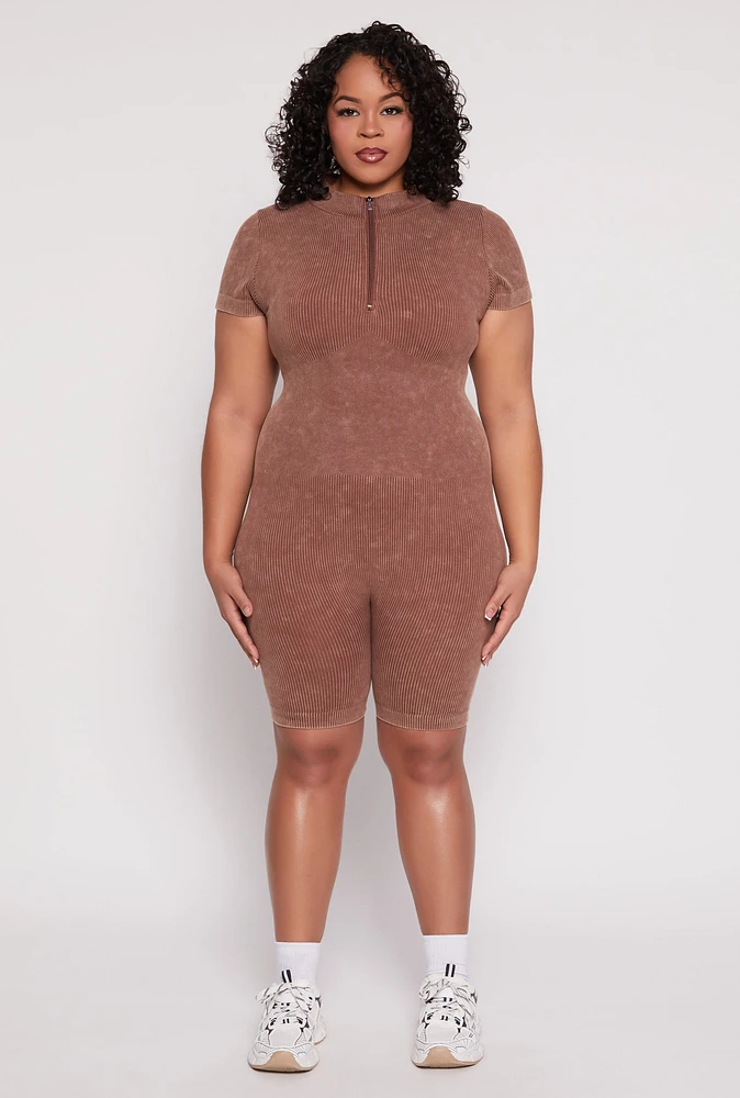 Womens Plus Acid Wash Biker Romper,