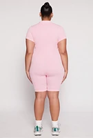 Womens Plus Size Acid Wash Biker Romper, Pink, Size 1X