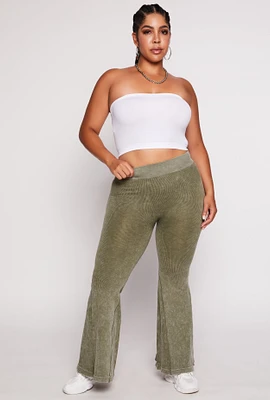 Womens Plus Seamless Ribbed High Waisted Flare Pants, Green,