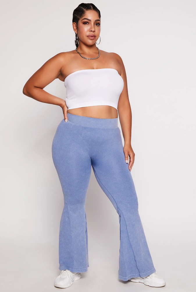 Womens Plus Size Seamless Ribbed High Waisted Flare Pants, Blue, Size 1X-2X