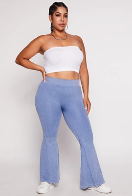 Womens Plus Size Seamless Ribbed High Waisted Flare Pants, Blue, Size 1X-2X
