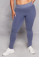 Womens Plus Size Seamless Ribbed High Waisted Leggings, Blue, Size 1X-2X