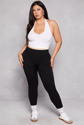 Womens Plus Size Seamless Ribbed High Waist Leggings, Black, Size 2X-3X