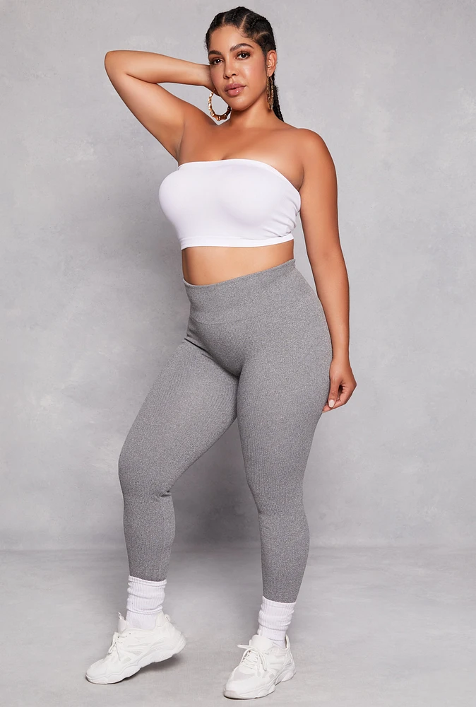 Womens Plus Size Seamless Ribbed High Waist Leggings, Grey, Size 2X-3X