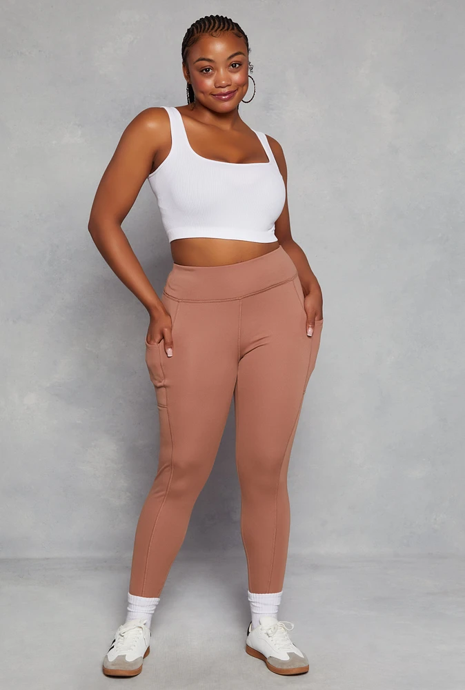 Womens Plus Size High Waist Cell Phone Pocket Leggings, Khaki, Size 2X