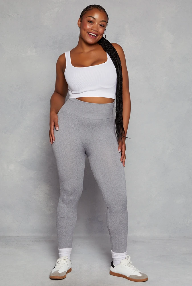 Womens Plus Size Seamless Cable Knit High Waist Leggings, Grey, Size 2X-3X
