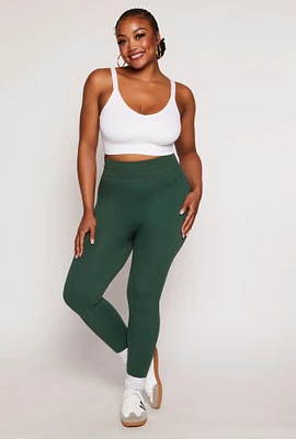 Womens Plus Size Seamless Cable Knit High Waist Leggings, Green, Size 1X-2X