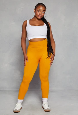 Womens Plus Size Seamless Cable Knit High Waist Leggings, Yellow, Size 1X-2X
