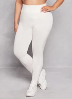 Womens Plus Size Fleece Textured Waistband Leggings, White, Size 1X-2X