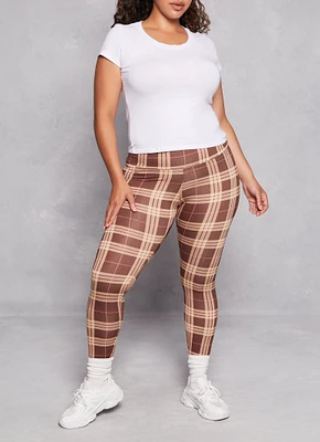 Womens Plus Size Plaid Soft Knit High Waist Leggings, Brown, Size 1X