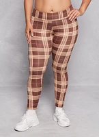 Womens Plus Size Plaid Soft Knit High Waist Leggings, Brown, Size 1X