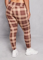 Womens Plus Size Plaid Soft Knit High Waist Leggings, Brown, Size 1X