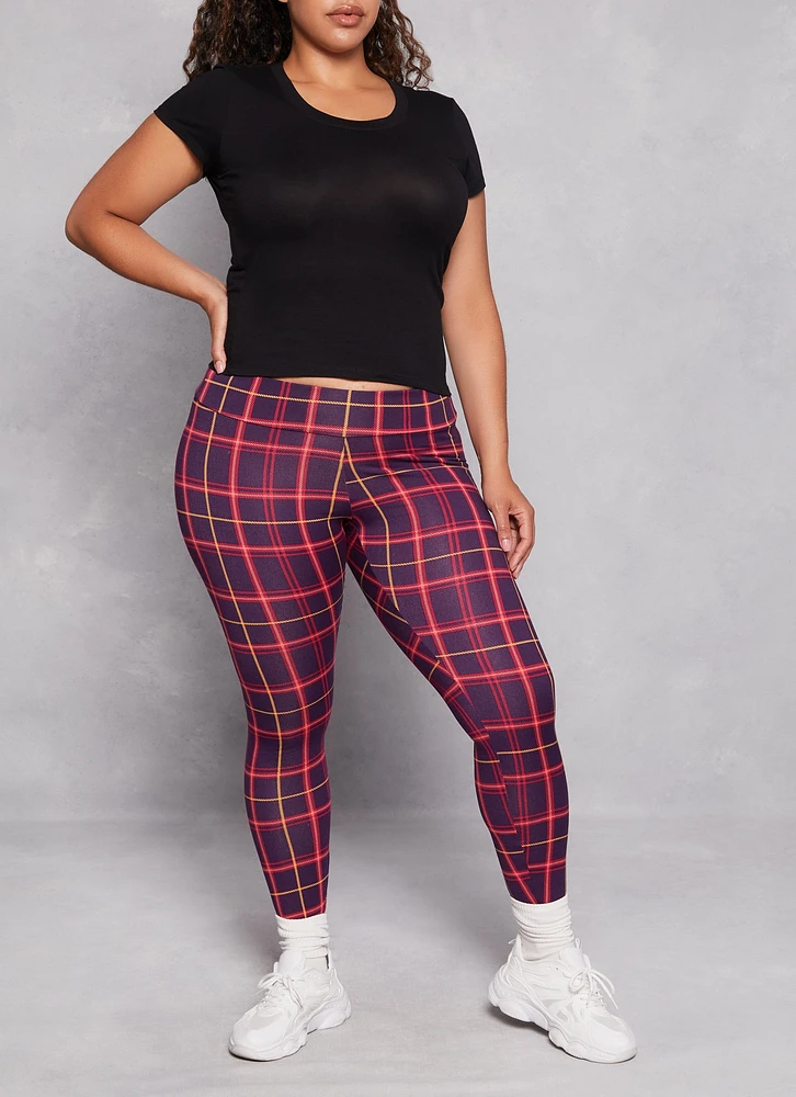 Womens Plus Size Plaid Soft Knit High Waist Leggings, Red, Size 3X
