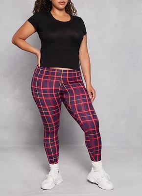 Womens Plus Size Plaid Soft Knit High Waist Leggings, Red, Size 3X