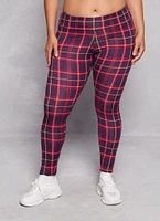 Womens Plus Size Plaid Soft Knit High Waist Leggings, Red, Size 3X