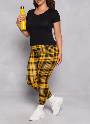 Womens Plus Size Plaid Soft Knit High Waist Leggings, Yellow, Size 1X