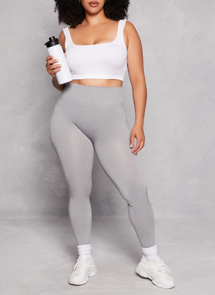 Womens Plus Size Seamless Wide Waistband Leggings, Grey, Size 1X-2X