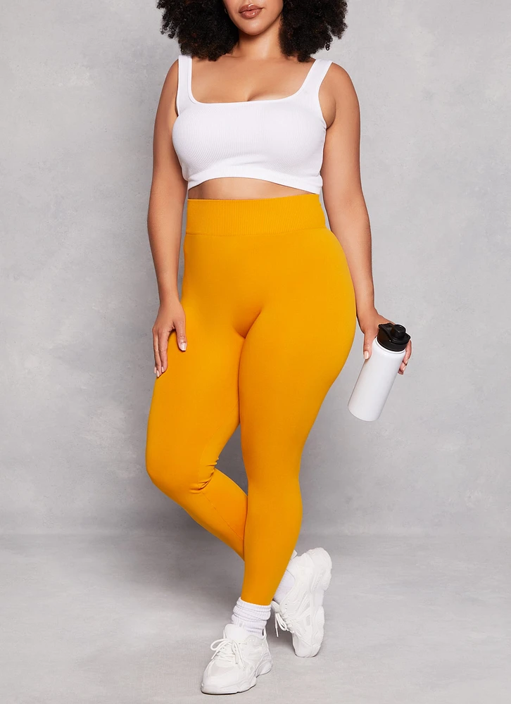 Womens Plus Size Seamless Wide Waistband Leggings, Yellow, Size 1X-2X