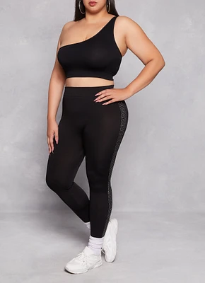 Womens Plus Size Seamless Rhinestone Greek Key Detail Leggings, Black, Size 2X-3X