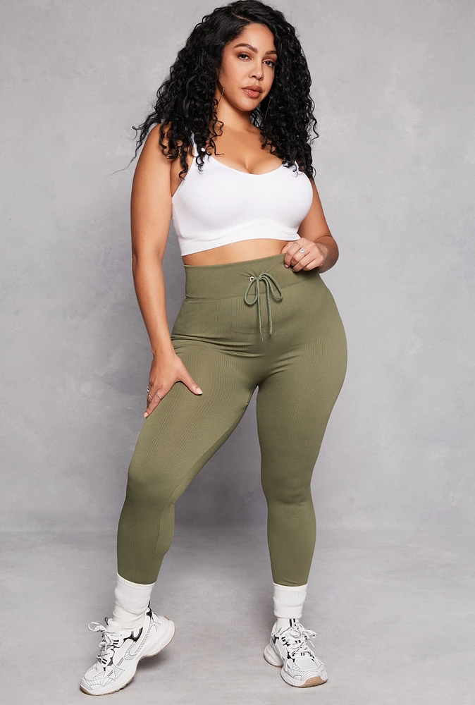 Womens Plus Size Drawstring Detail High Waist Leggings, Green, Size 1X-2X