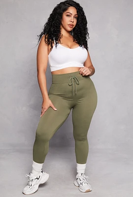 Womens Plus Size Drawstring Detail High Waist Leggings, Green, Size 1X-2X