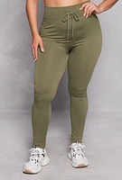 Womens Plus Size Drawstring Detail High Waist Leggings, Green, Size 1X-2X