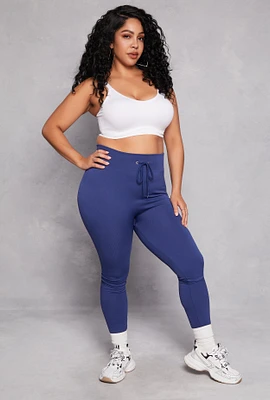 Womens Plus Size Drawstring Detail High Waist Leggings, Blue, Size 1X-2X