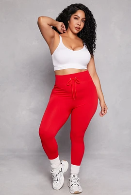 Womens Plus Size Drawstring Detail High Waist Leggings, Red, Size 1X-2X