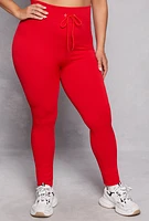 Womens Plus Size Drawstring Detail High Waist Leggings, Red, Size 1X-2X