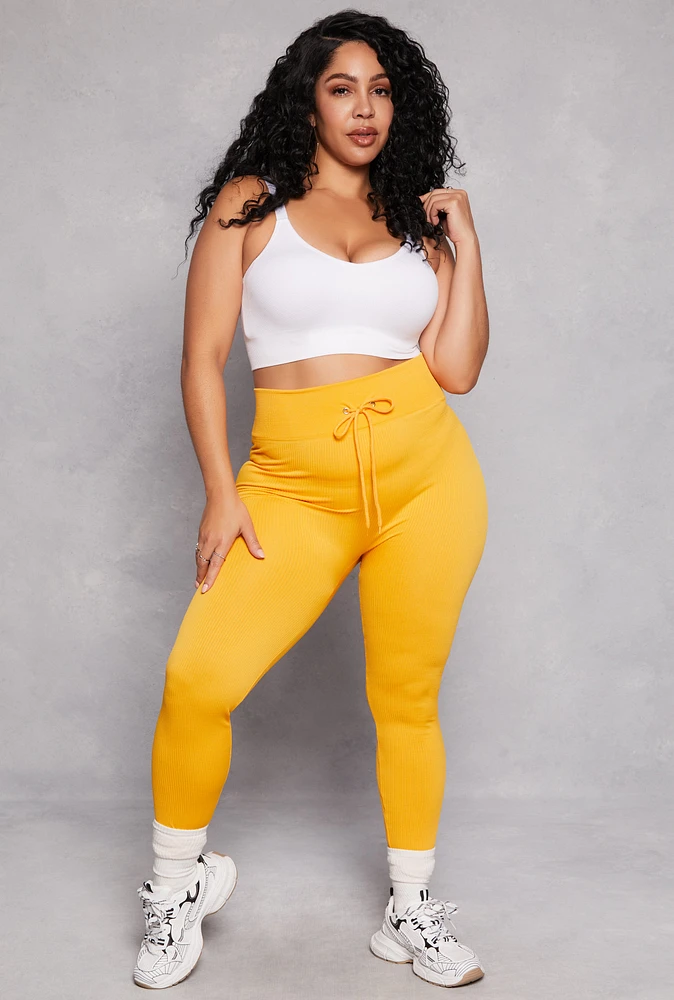 Womens Plus Size Drawstring Detail High Waist Leggings, Yellow, Size 1X-2X